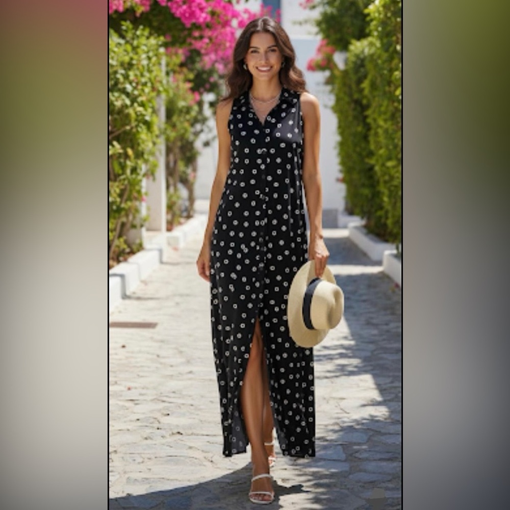 Chico's Black and White Sleeveless  White Circle Pattern Maxi Dress (NWT)